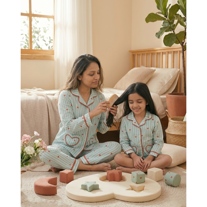 Green stripes heart print Mom Twinning Cotton Night Suit