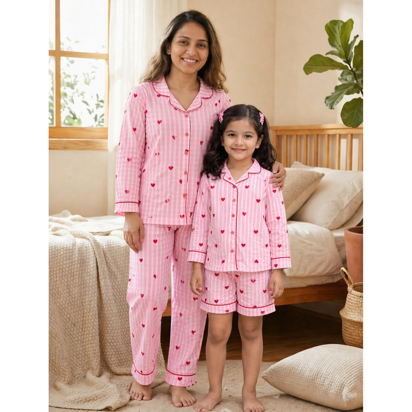 Pink Stripes Heart Print Mom Twinning Cotton Night Suit