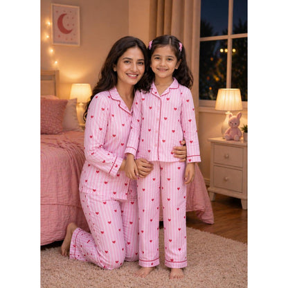 Pink Stripes with Heart Night Suit in Cotton With Pant