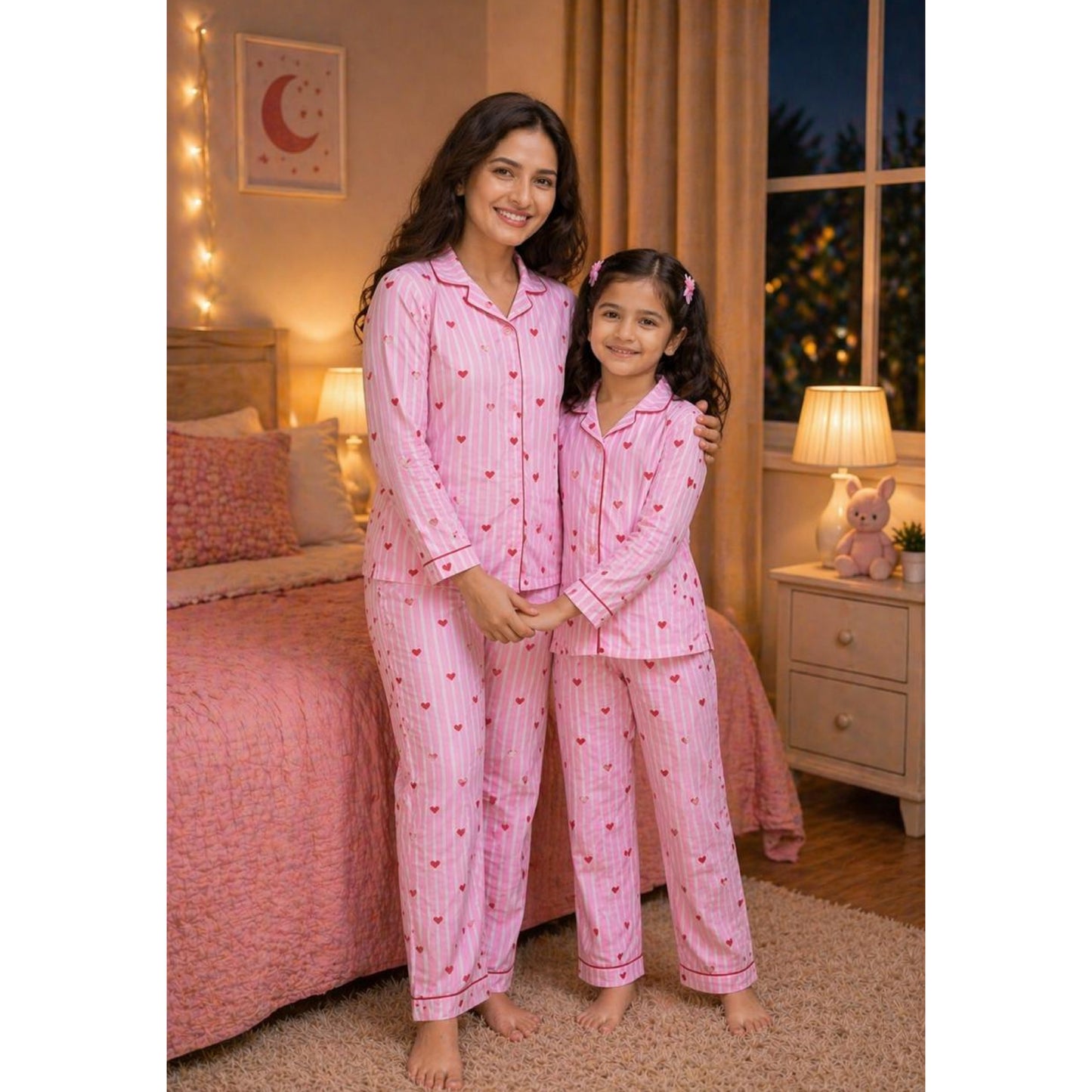 Pink Stripes with Heart Night Suit in Cotton With Pant