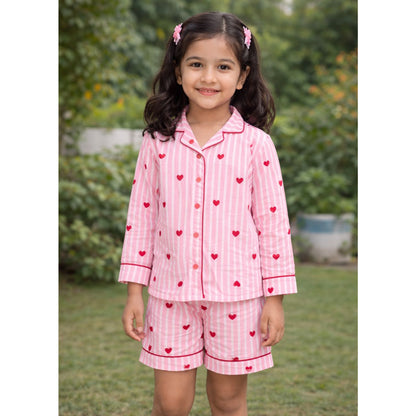 Pink Stripes with Heart Night Suit in Cotton