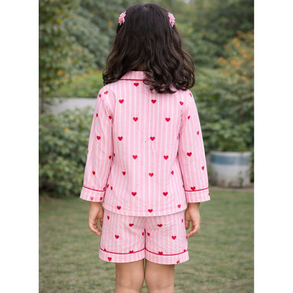 Pink Stripes with Heart Night Suit in Cotton