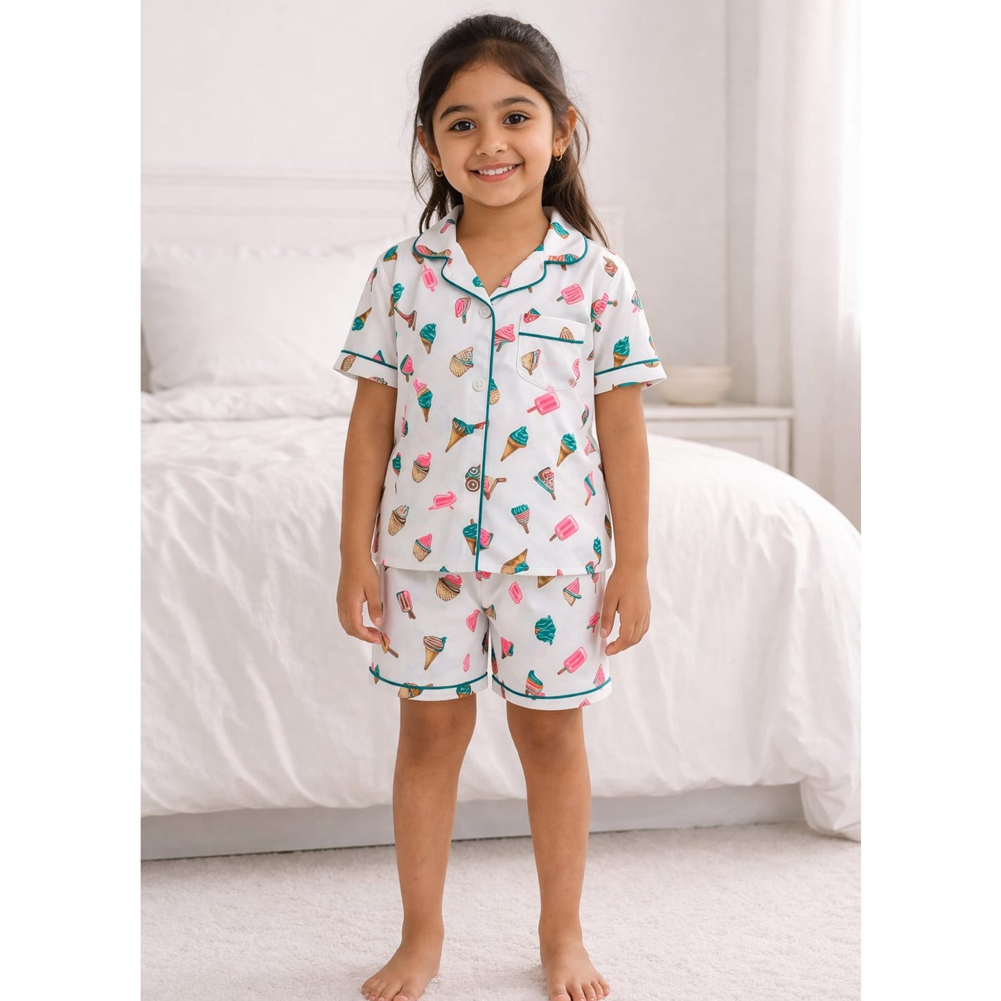 White ice-cream Print Cotton Night Suit With Shorts