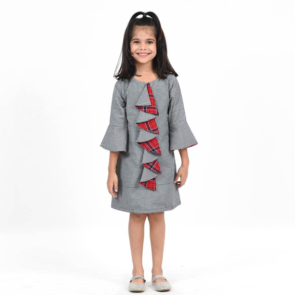 Contrast Ruffled Dress with Bell Sleeves