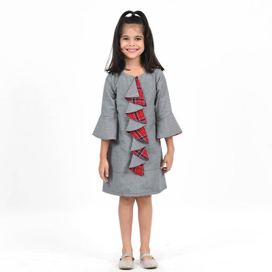 Contrast Ruffled Dress with Bell Sleeves