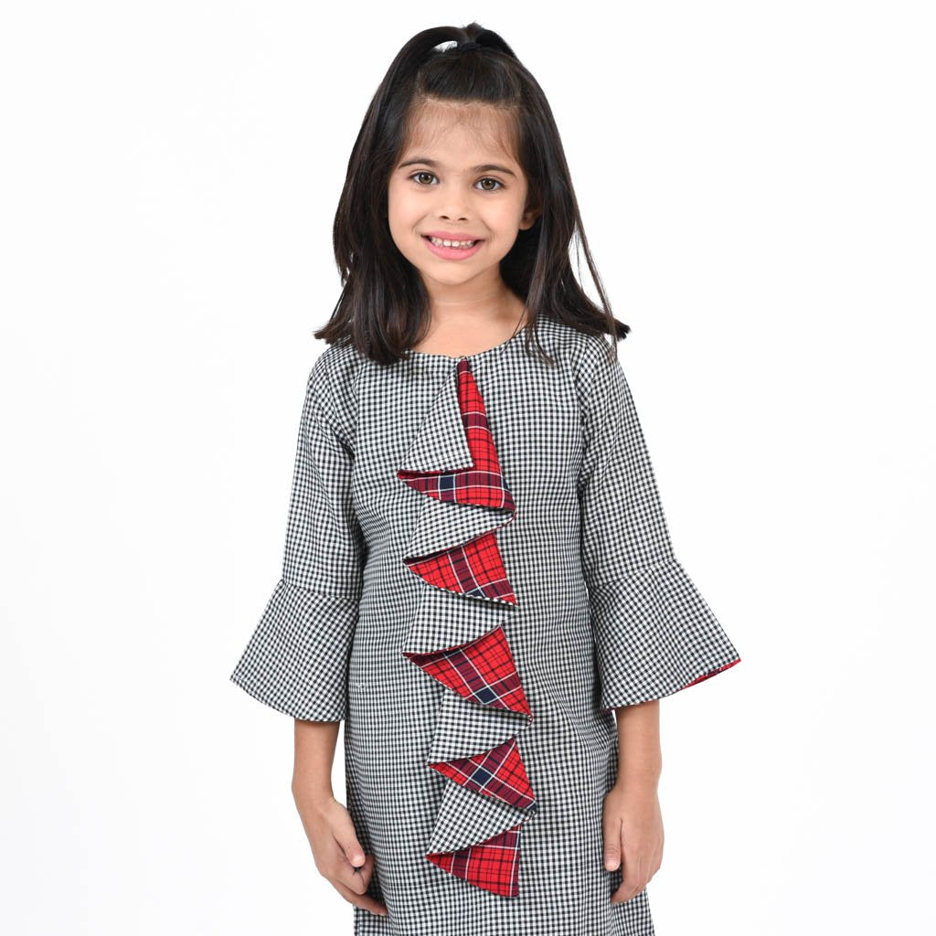 Contrast Ruffled Dress with Bell Sleeves