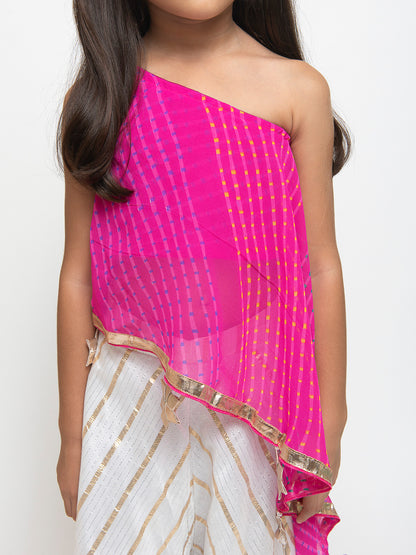 One Shoulder Leheriya Pink Top With Skirt Pants
