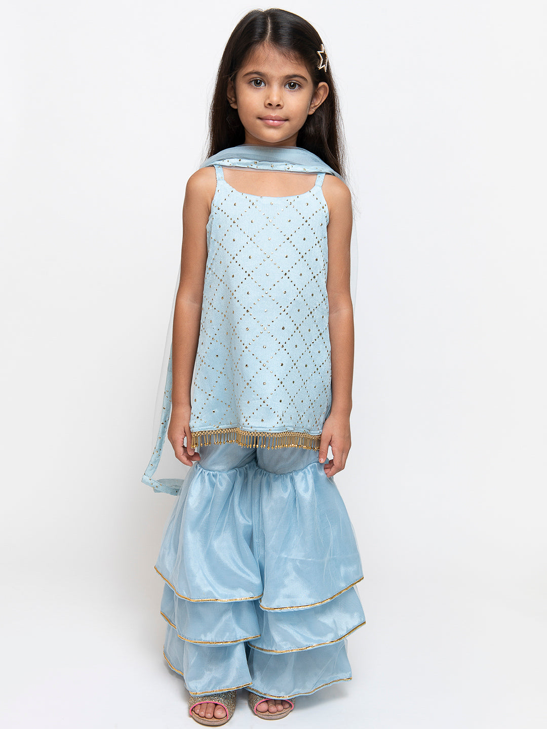 Checkered Print Sleeveless Blue Kurta With Pajama Set