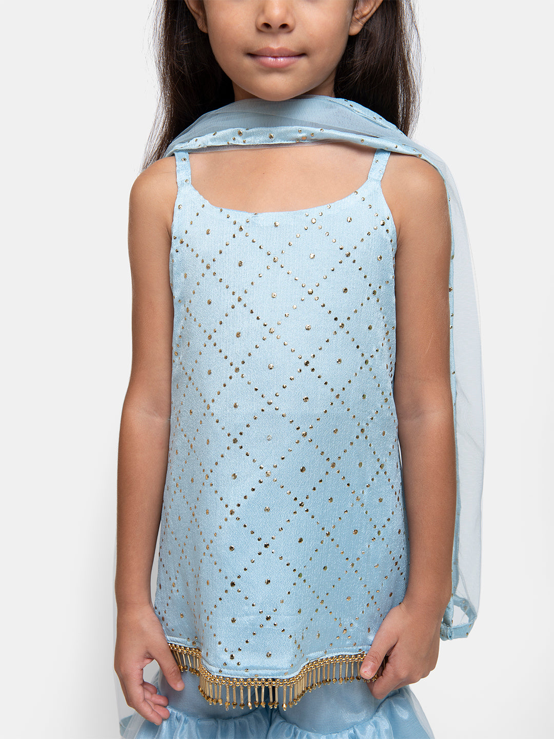 Checkered Print Sleeveless Blue Kurta With Pajama Set