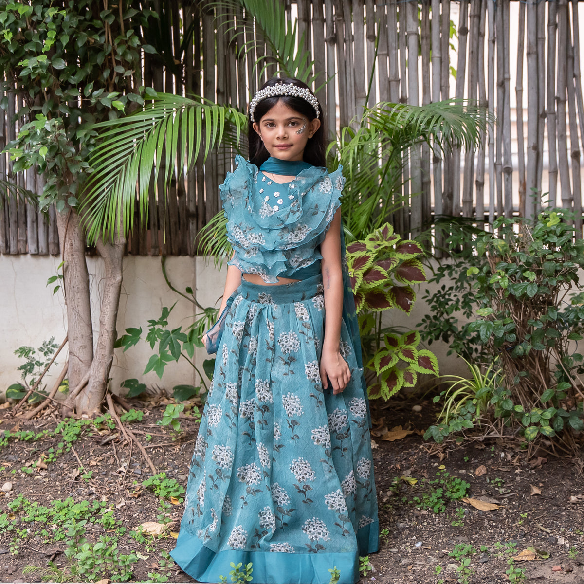 Teal Green Organza lehenga with frilled top