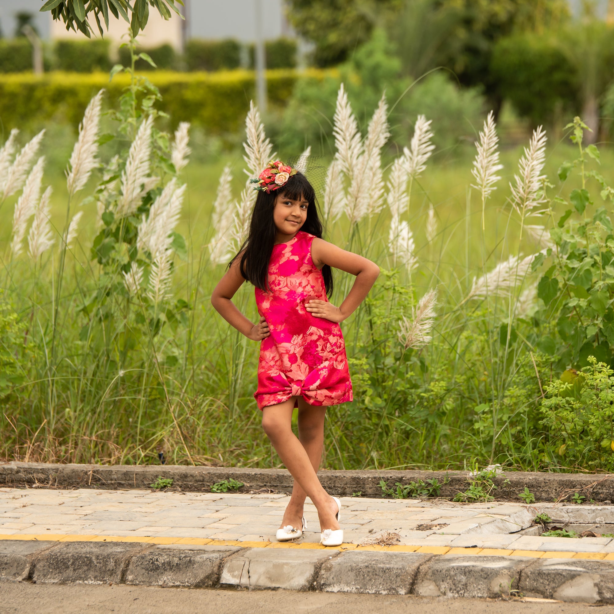 Fuscia Pink Jacquard Bow Dress