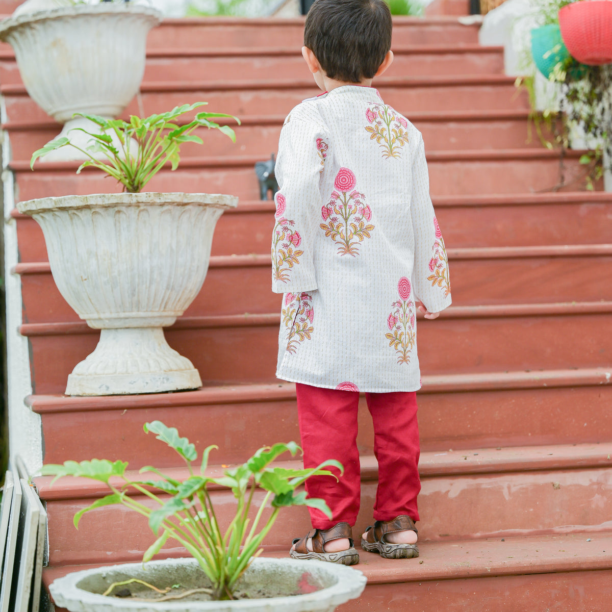 Block Print Cotton Kurta With Maroon Pants