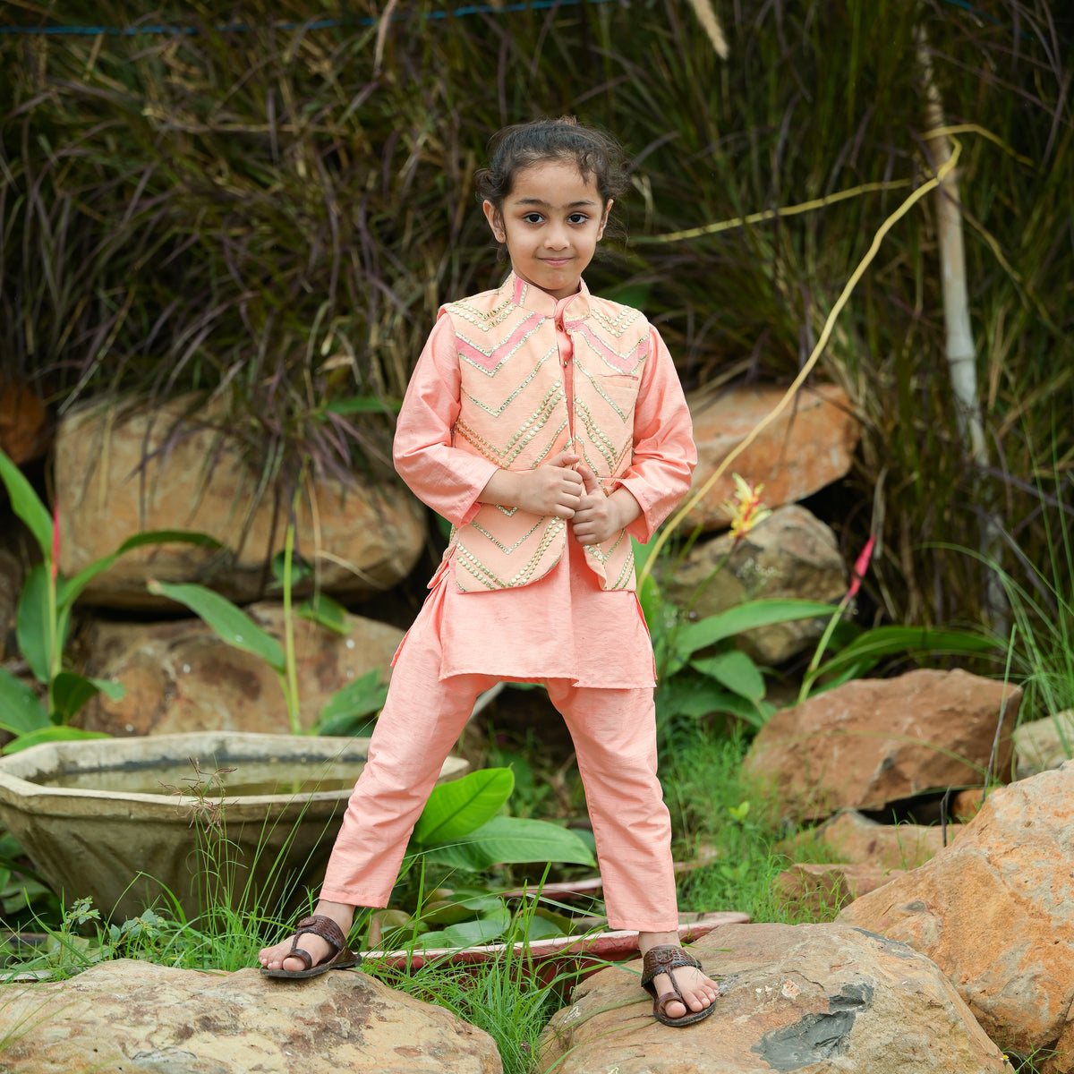 Peach Silk Kurta With Embroiered Jacket Kurta set