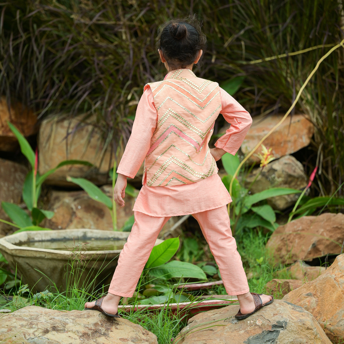 Peach Silk Kurta With Embroiered Jacket Kurta set