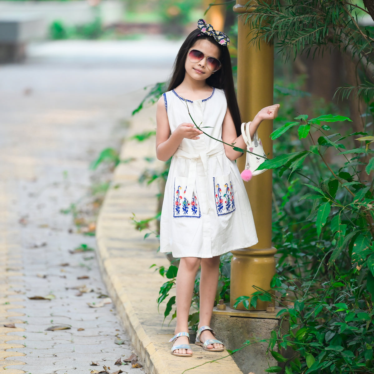 White Summer Dress with Embroidered Pockets