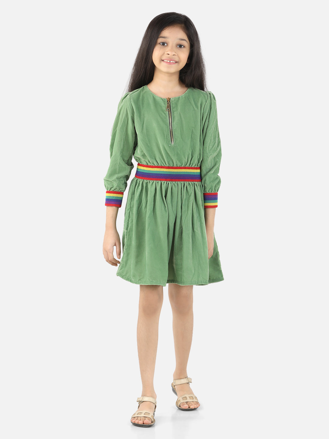 Green Full Sleeve Solid Casual Dress