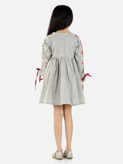 Gray Full Sleeve Stripes Print Party Dress