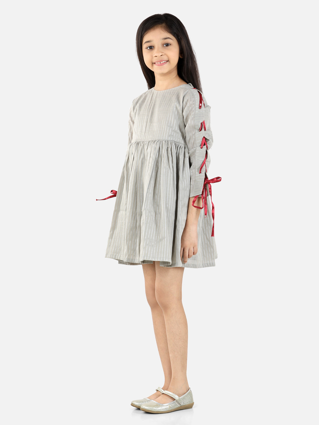 Gray Full Sleeve Stripes Print Party Dress