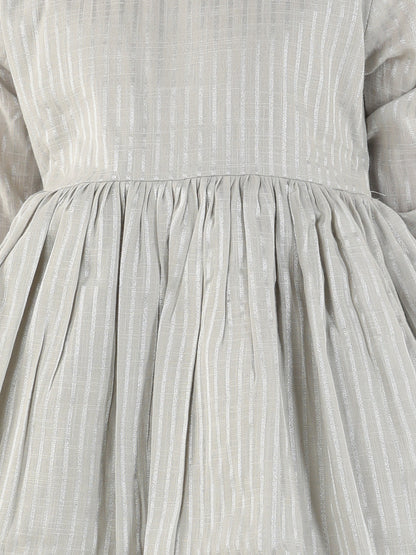 Gray Full Sleeve Stripes Print Party Dress