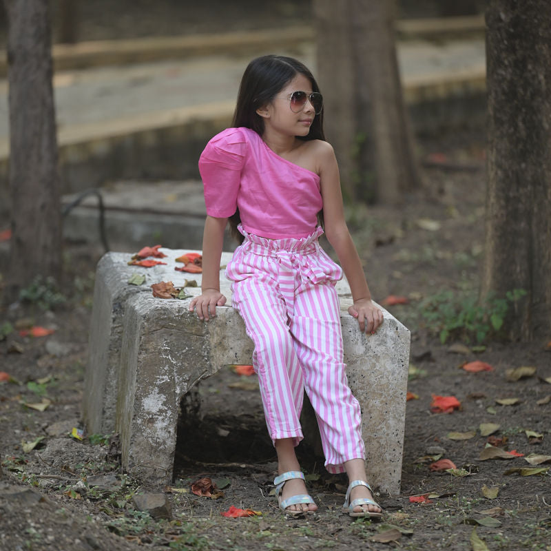 Pink One Shoulder Top with Pink Stripes Pants - Fairies Forever