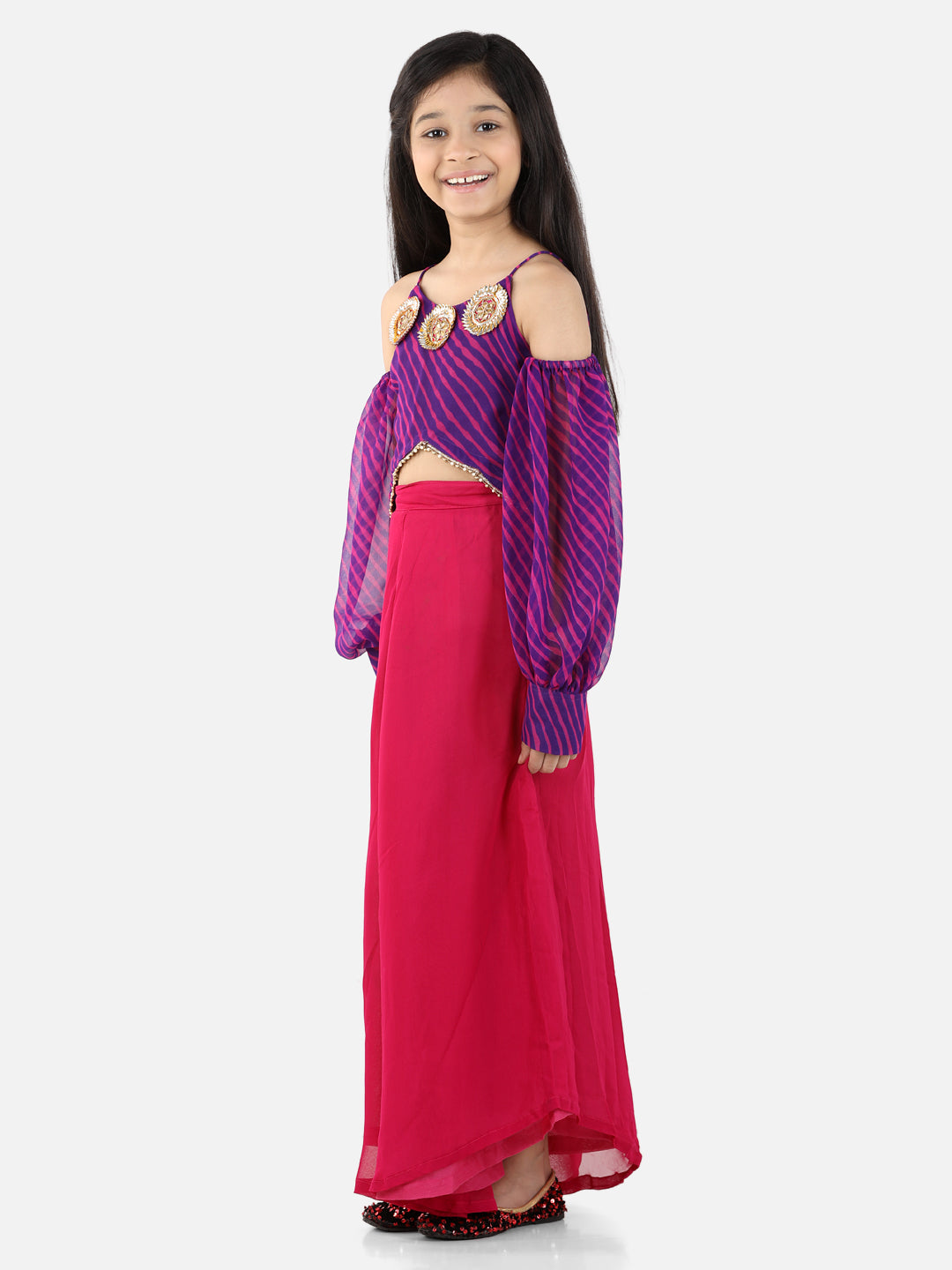 Purple Leheriya Crop Top With Pink Palazzo