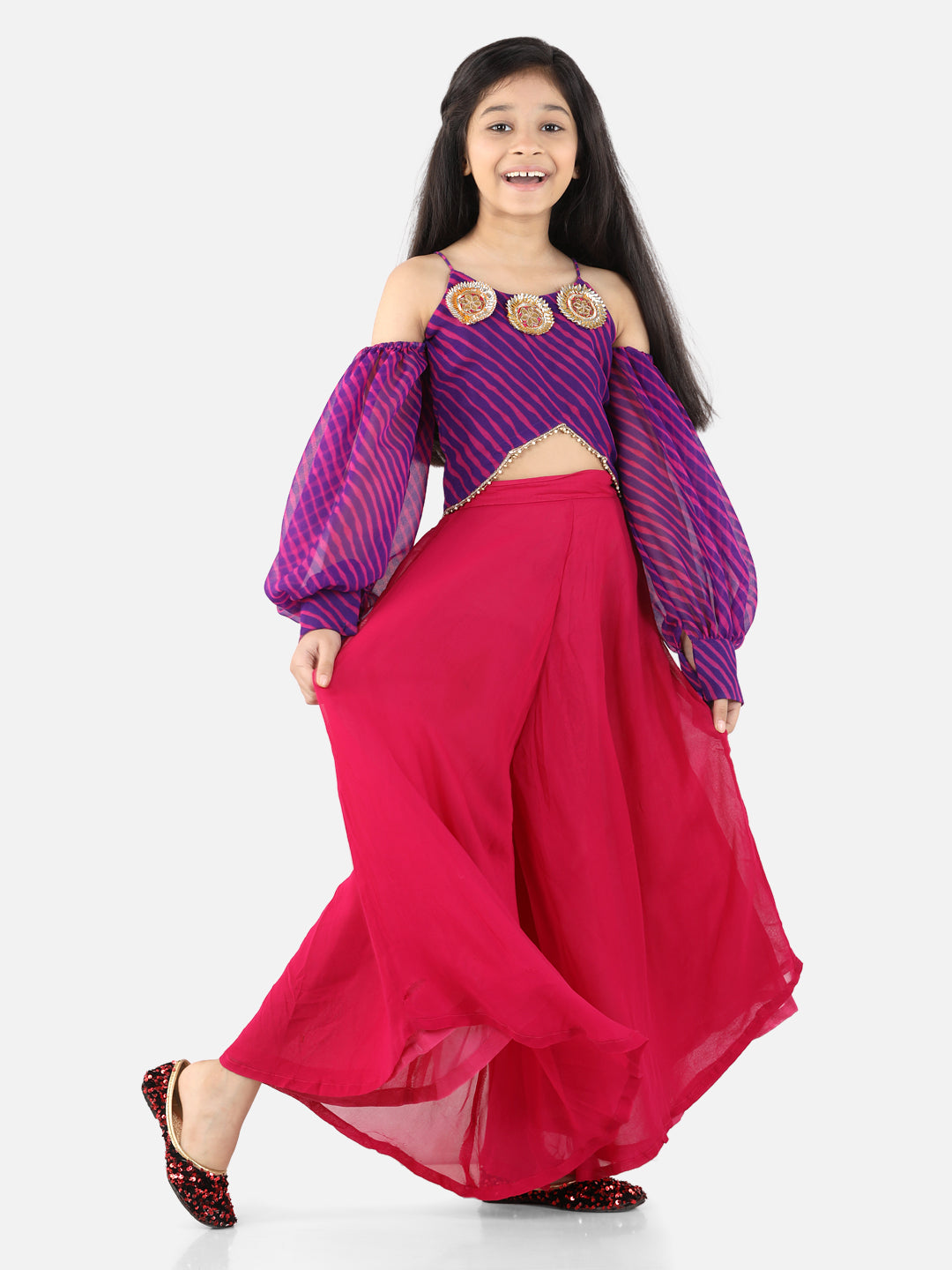 Purple Leheriya Crop Top With Pink Palazzo