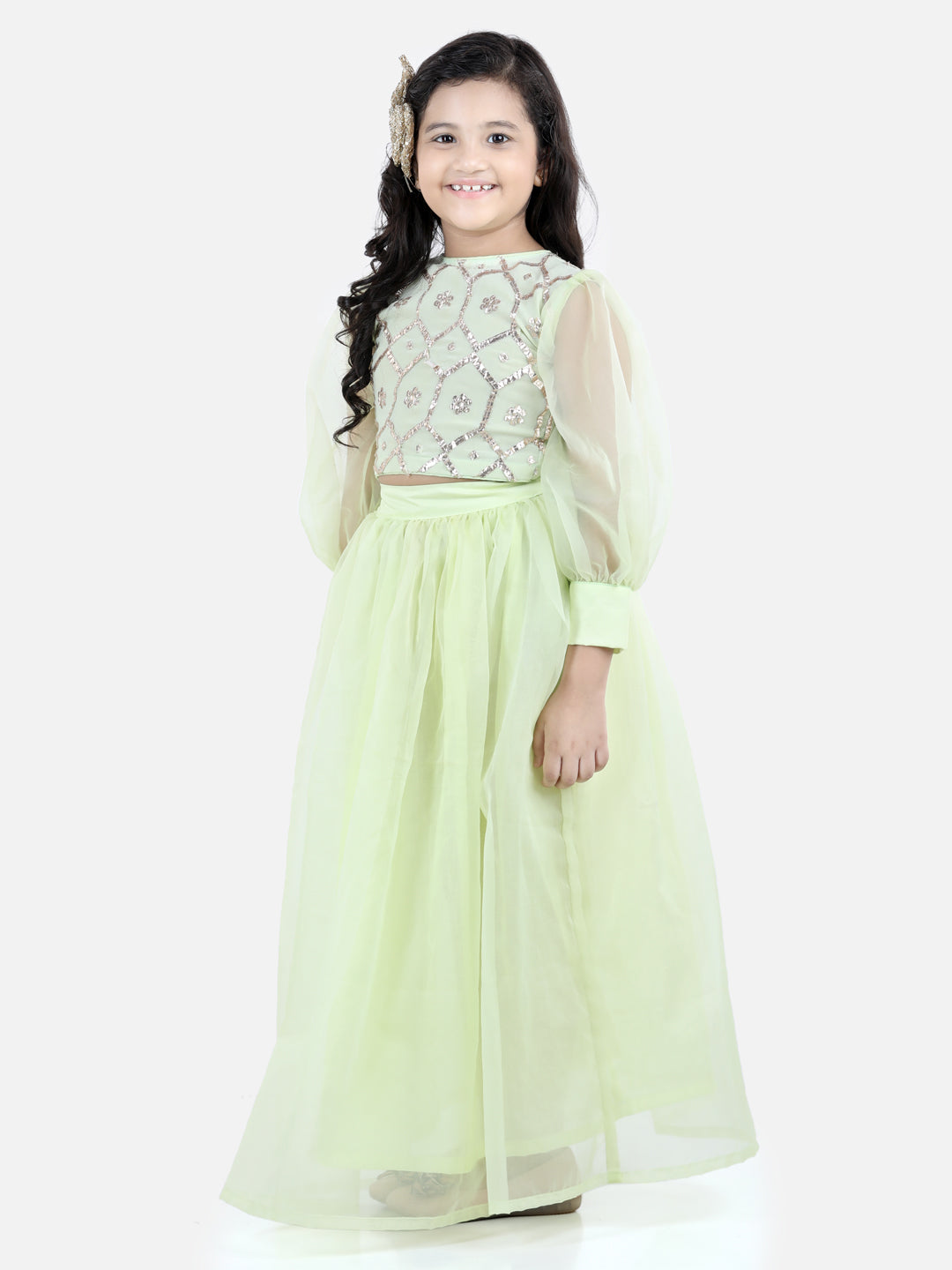 Girls Mint Ethnic Print Lehenga Choli Set