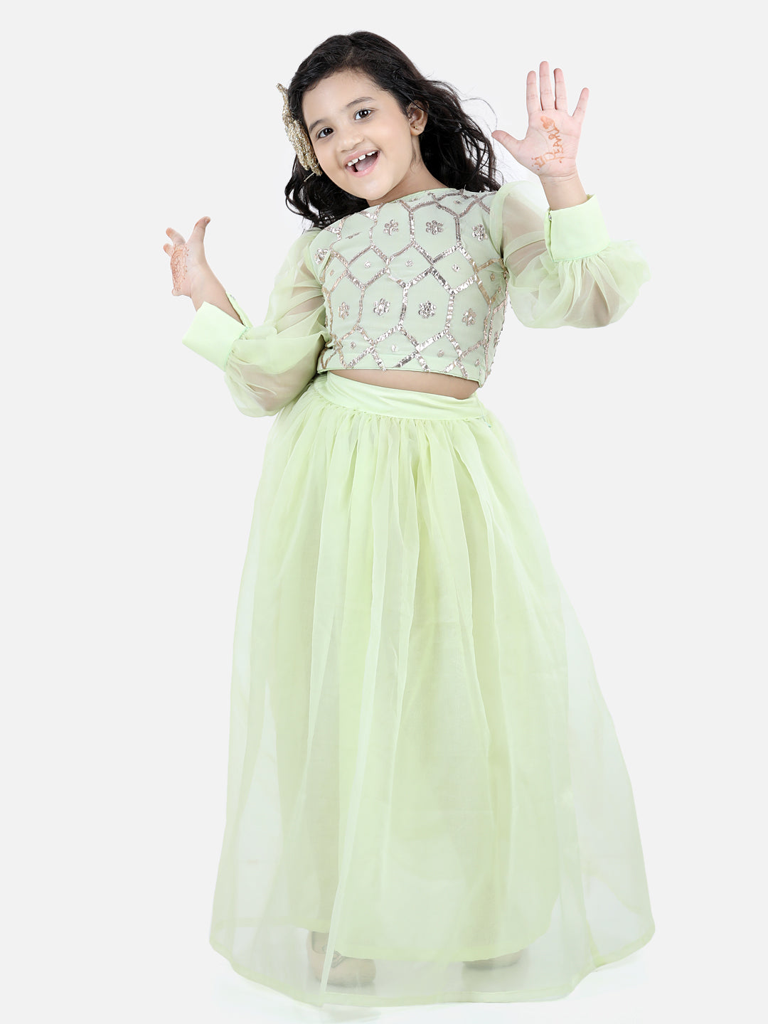 Girls Mint Ethnic Print Lehenga Choli Set