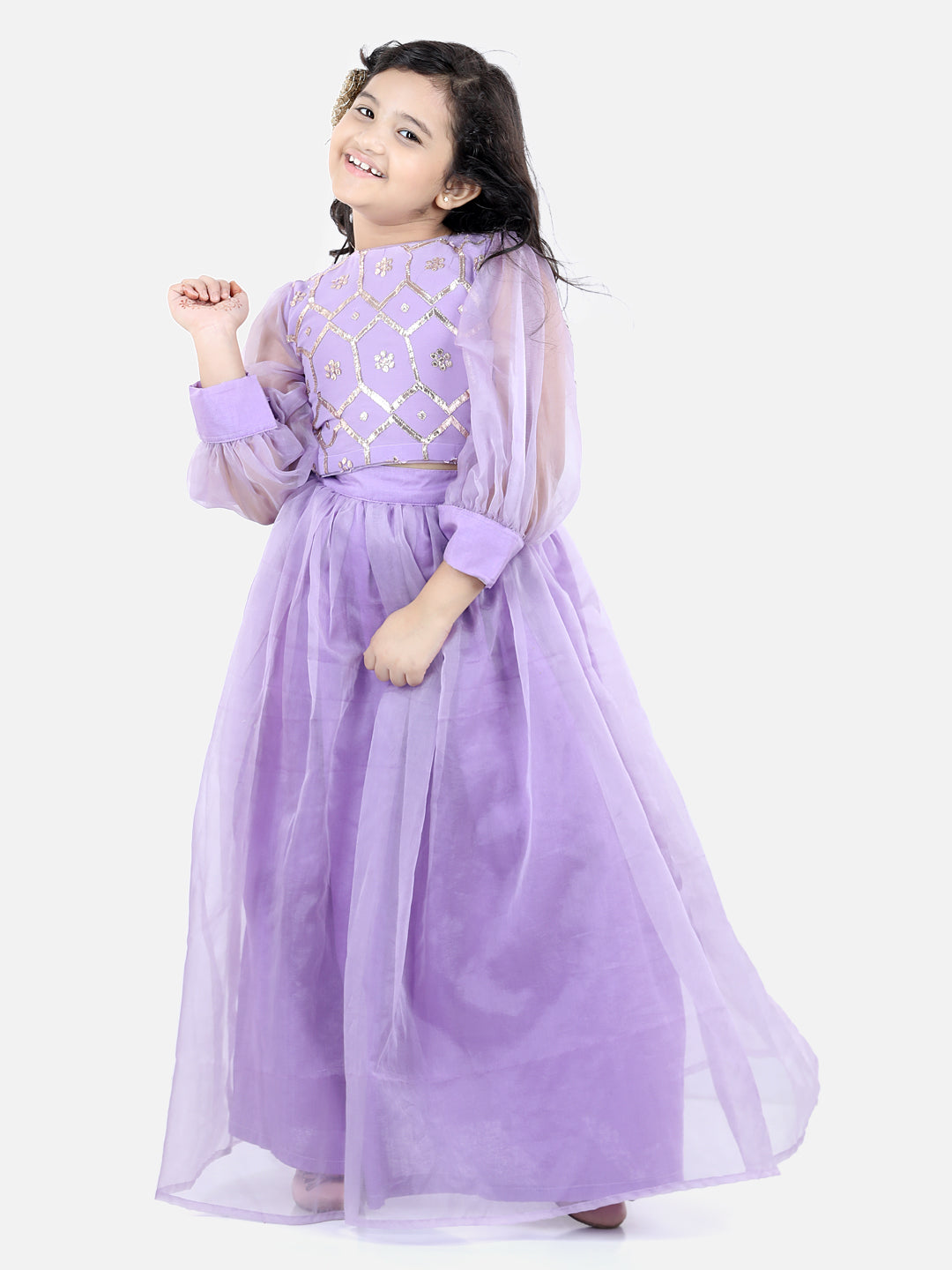 Girls Purple Ethnic Print Lehenga Choli Set