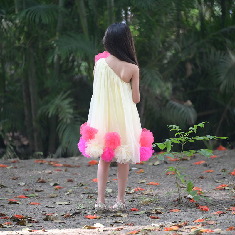 One Shoulder Yellow Dress with Pom Poms