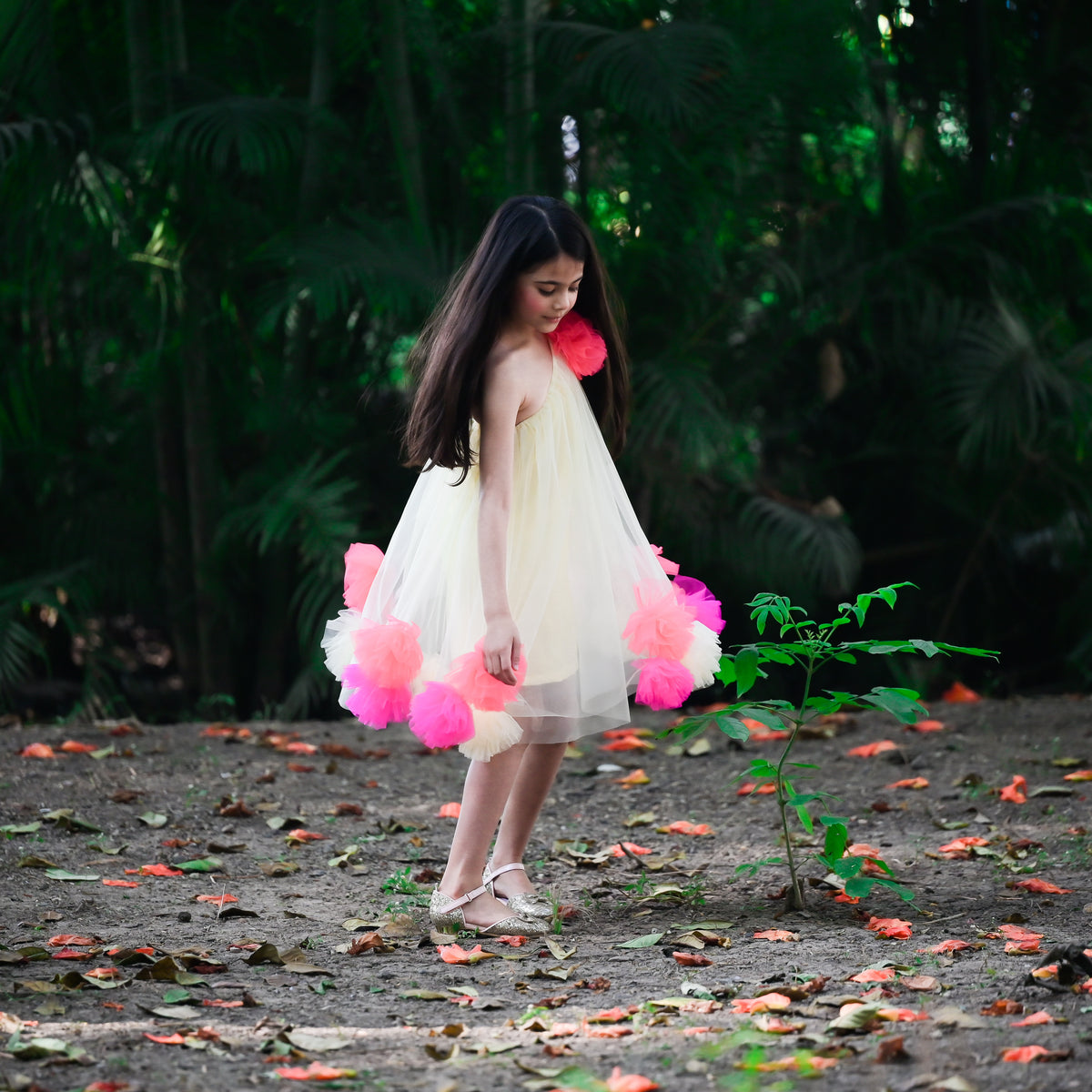 One Shoulder Yellow Dress with Pom Poms