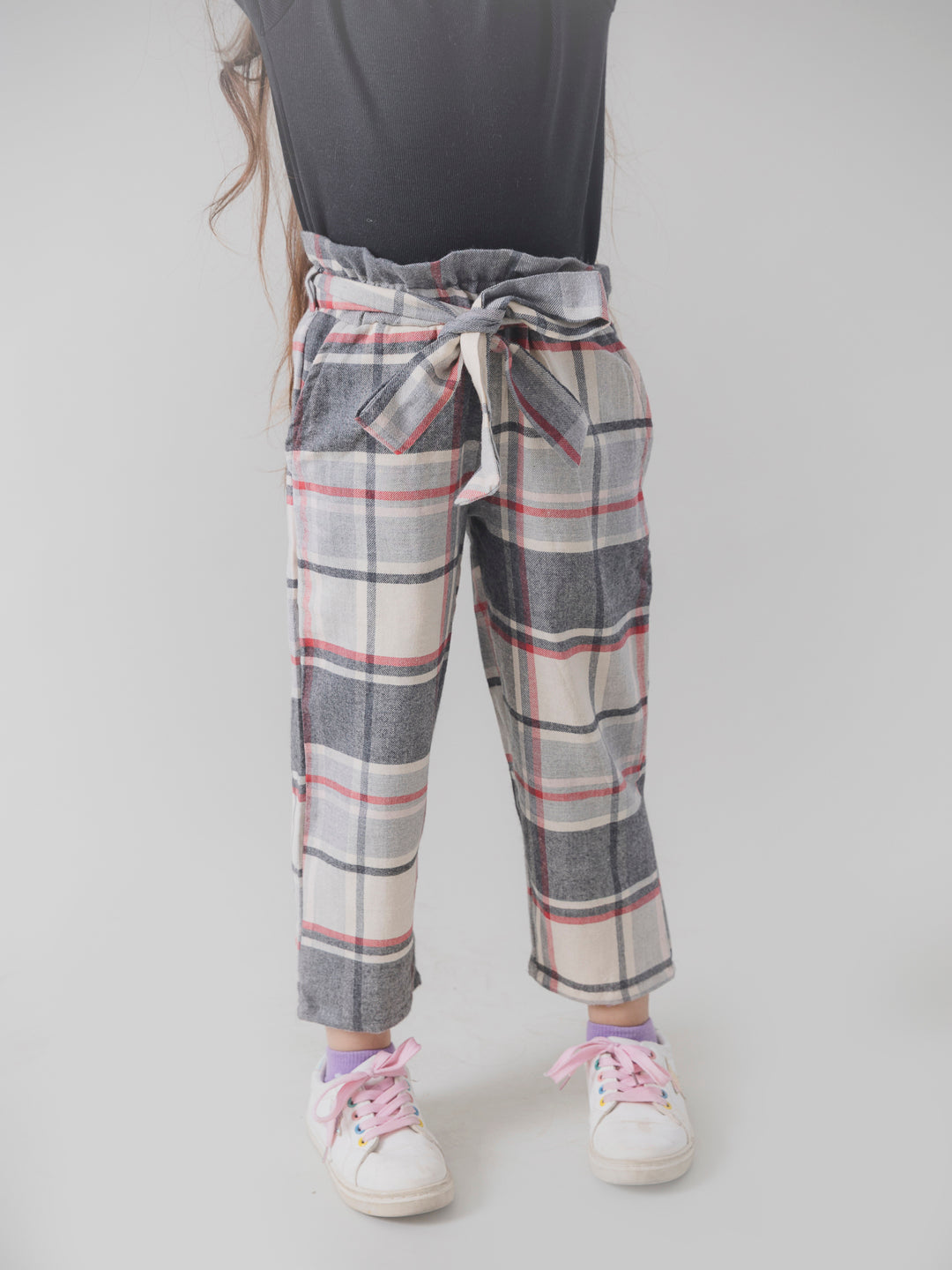 Beige Plaid Paperbag Pants Beige