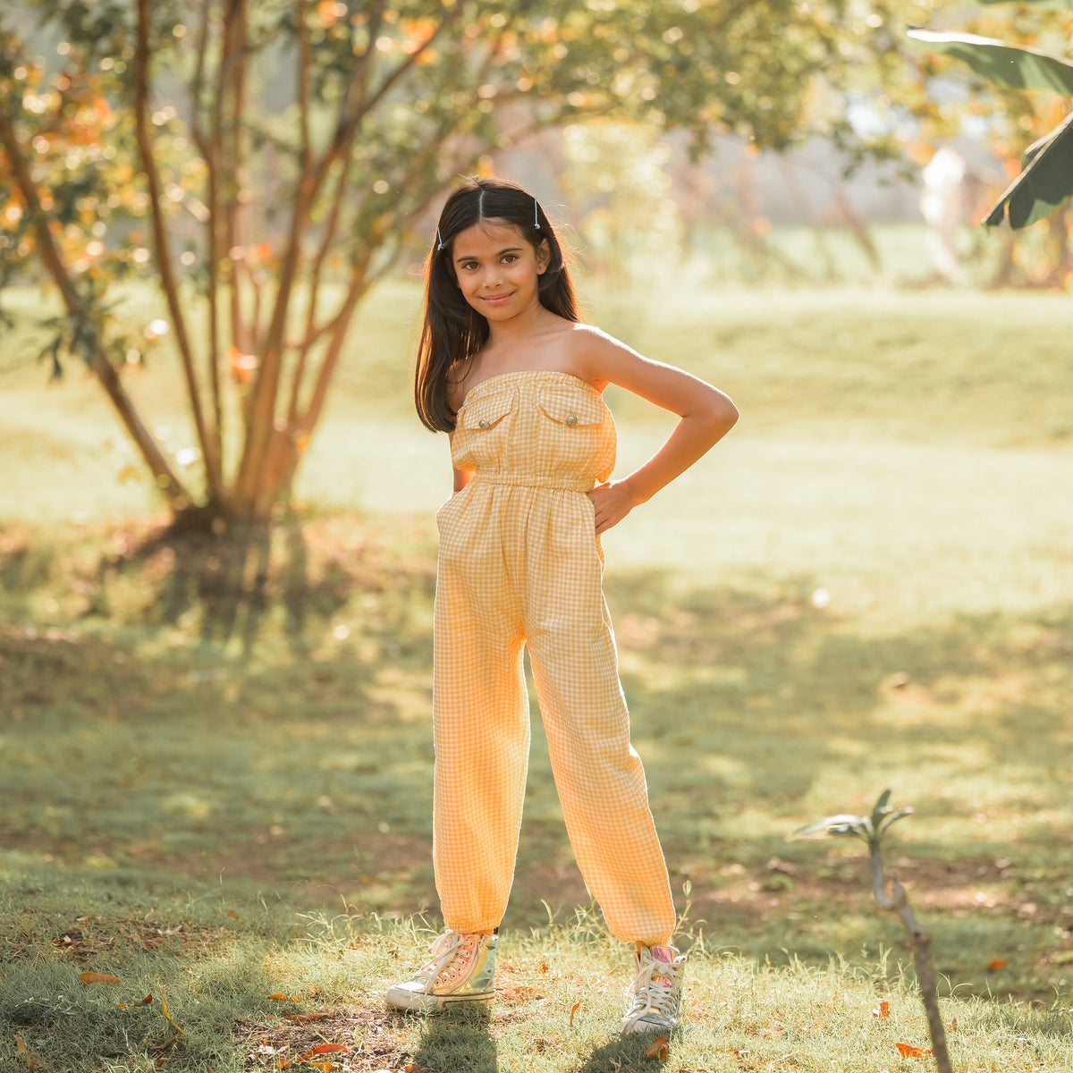 Yellow Sleeveless Printed Tube Pattern Jumpsuit