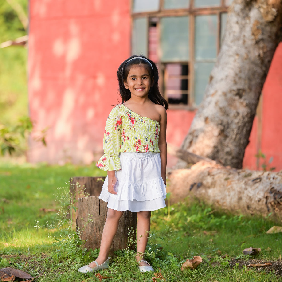Girls Green Floral Print Skirt Set