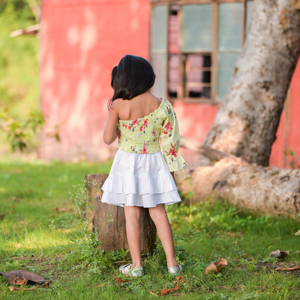 Girls Green Floral Print Skirt Set