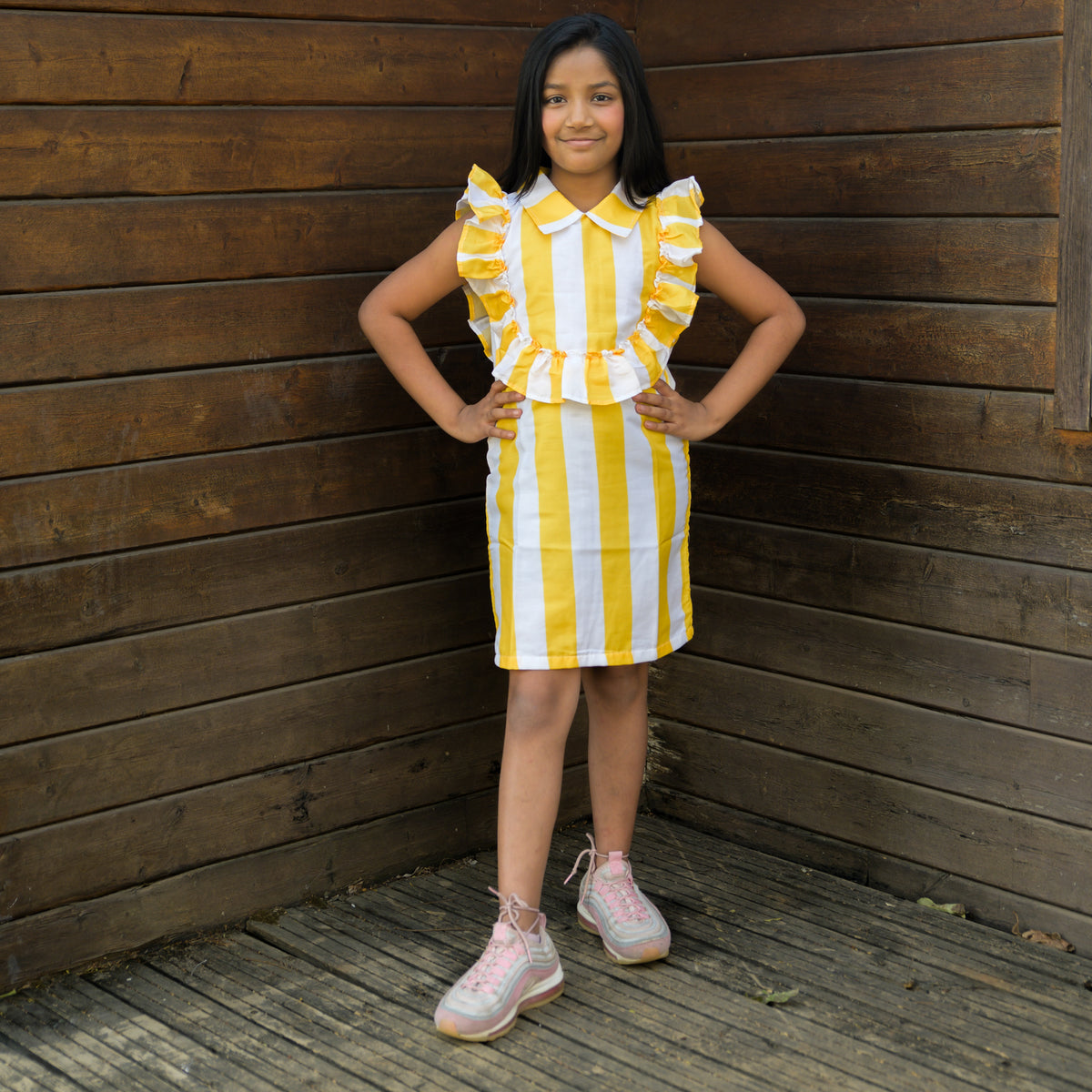 Collar Neck Yellow Stripe Dress
