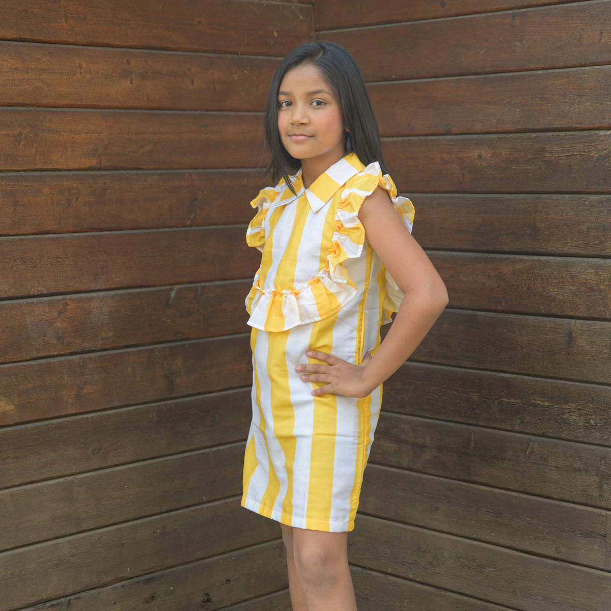 Collar Neck Yellow Stripe Dress