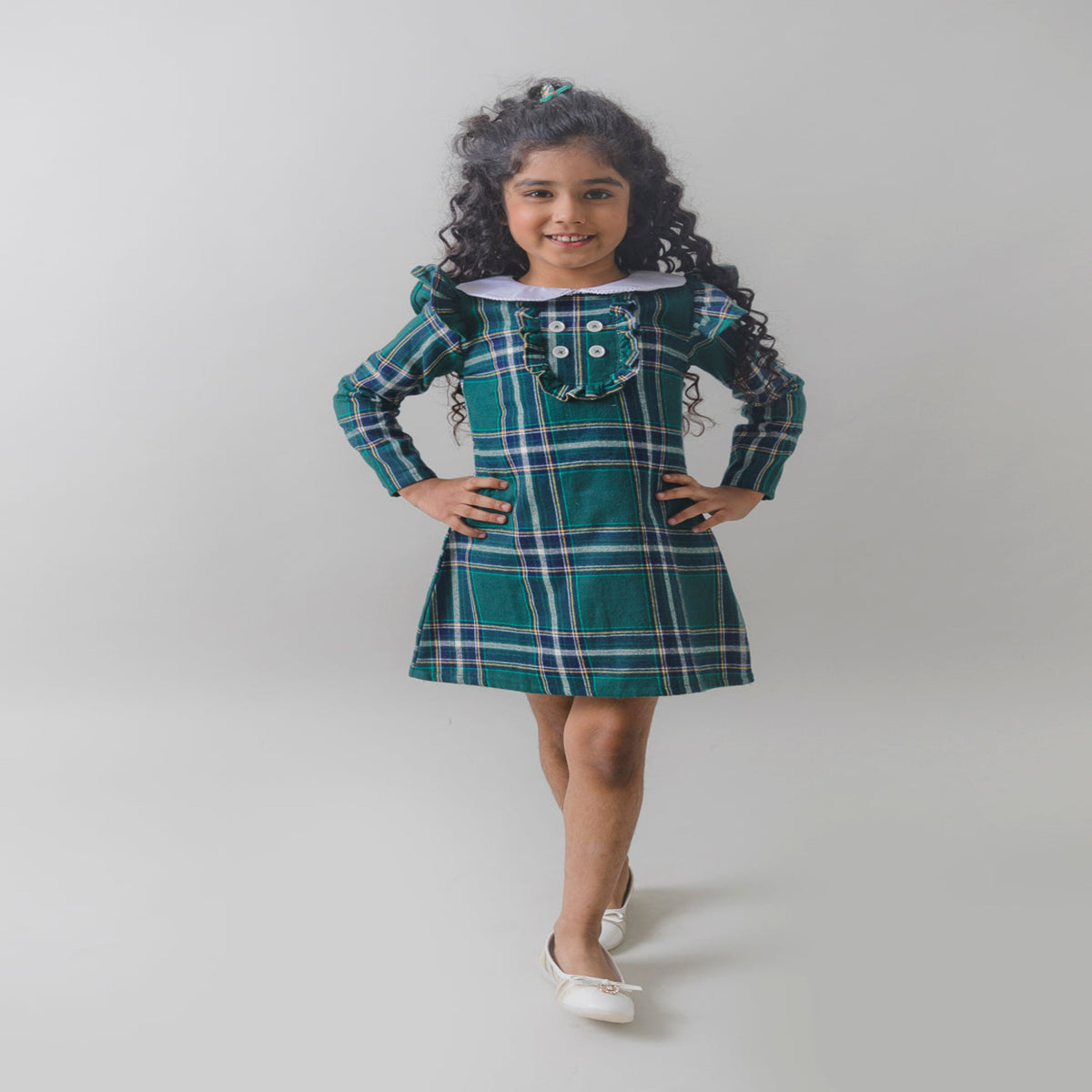 Green Checks Dress with Peter Pan Collar