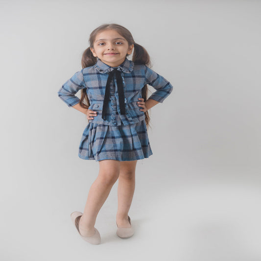 Grey Checks Blazer style Top and Skirt Set