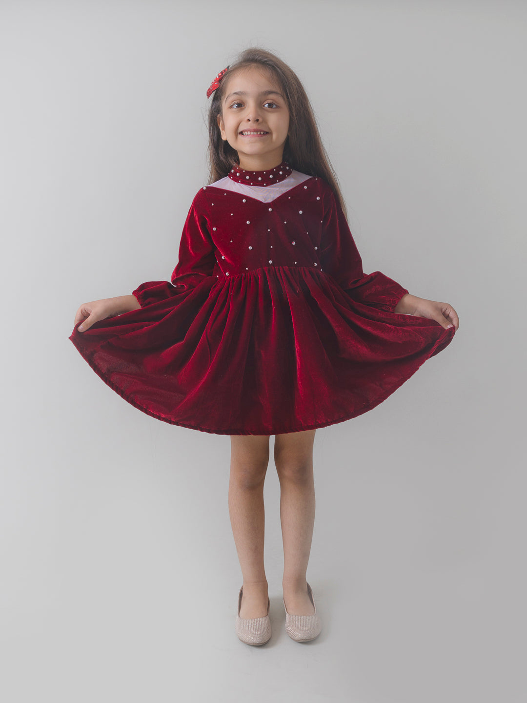 Marron Velvet Party Dress with Embellished Pearls