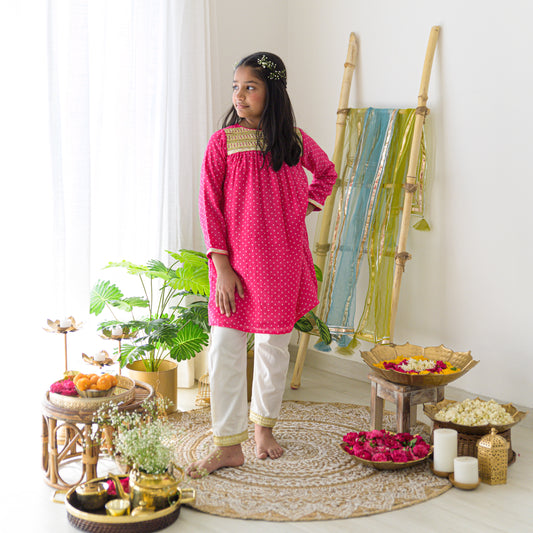 Pink Bandhej Kurta with Cream Pants
