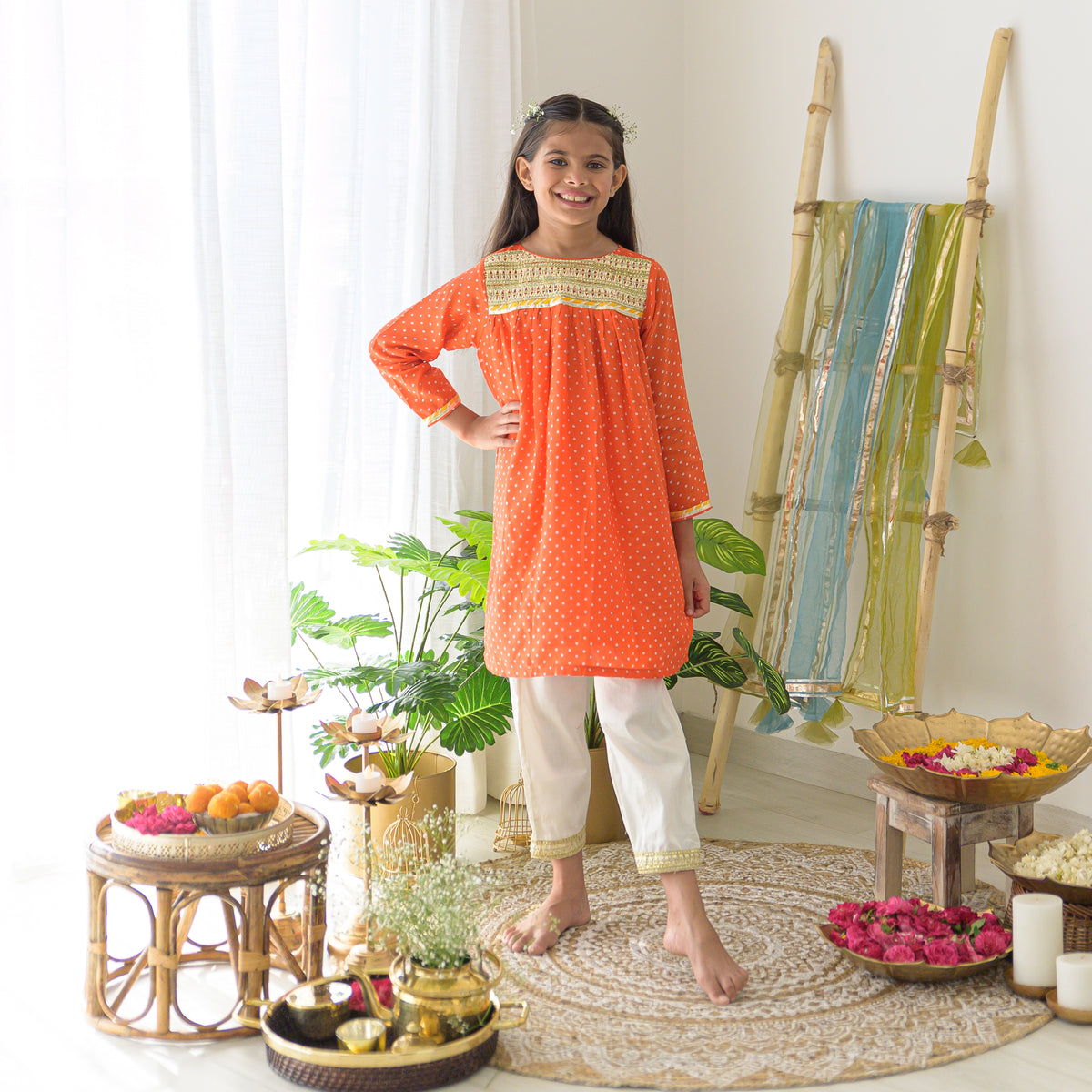 Orange Bandhej Kurta with Cream Pants