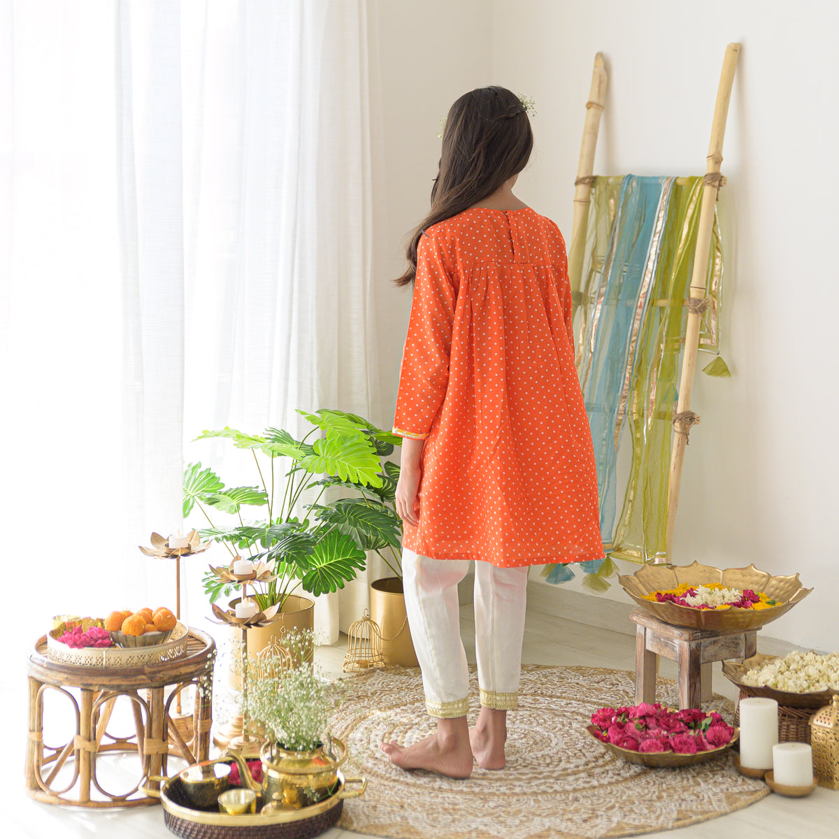 Orange Bandhej Kurta with Cream Pants