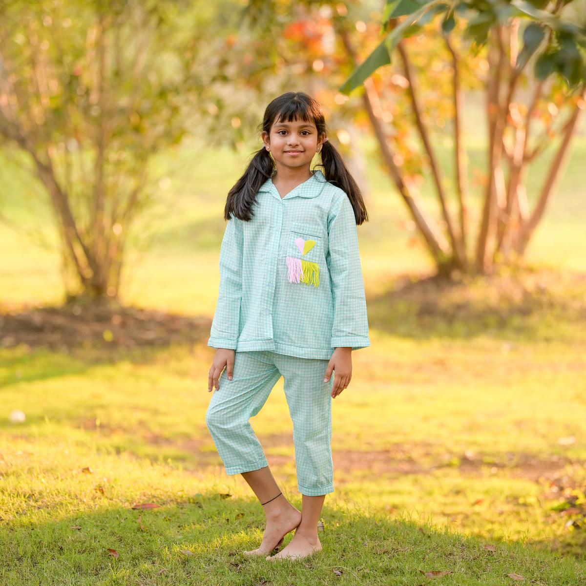 Girls Blue Checkered Shirt And Pajama Set