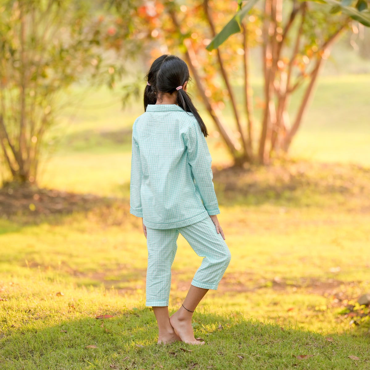 Girls Blue Checkered Shirt And Pajama Set