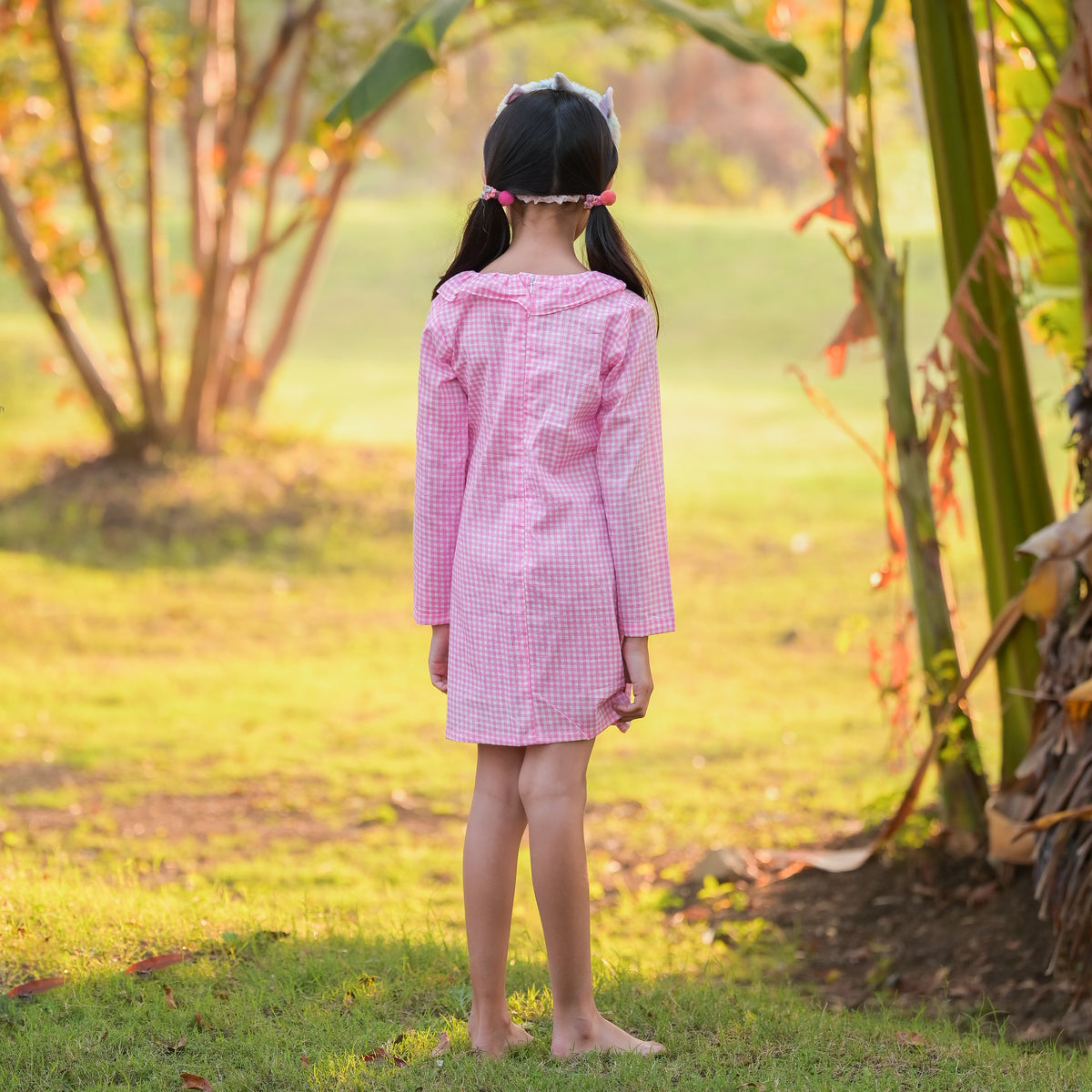Pink Full Sleeve Checks Print Sleepwear Dress