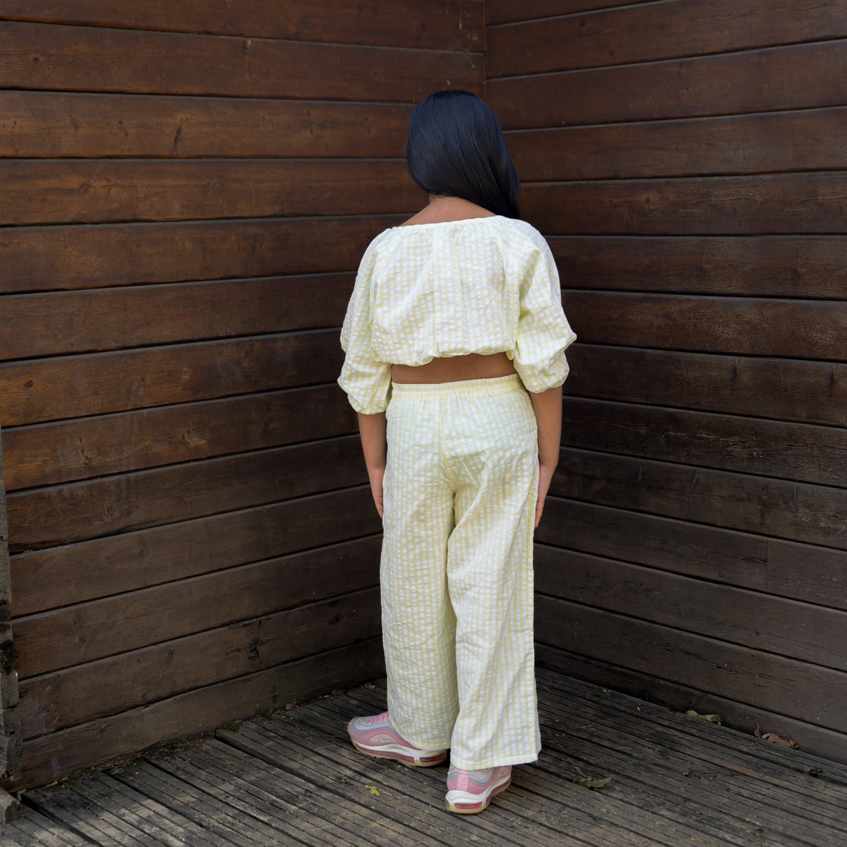 Two piece crop top and pants set in yellow checks