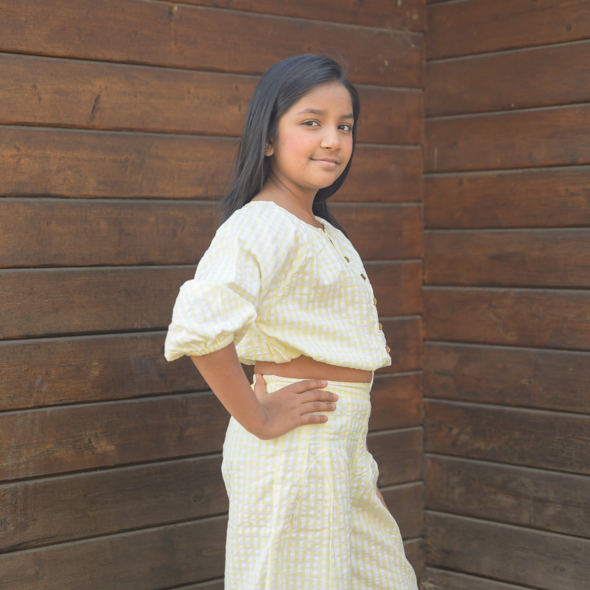 Two piece crop top and pants set in yellow checks