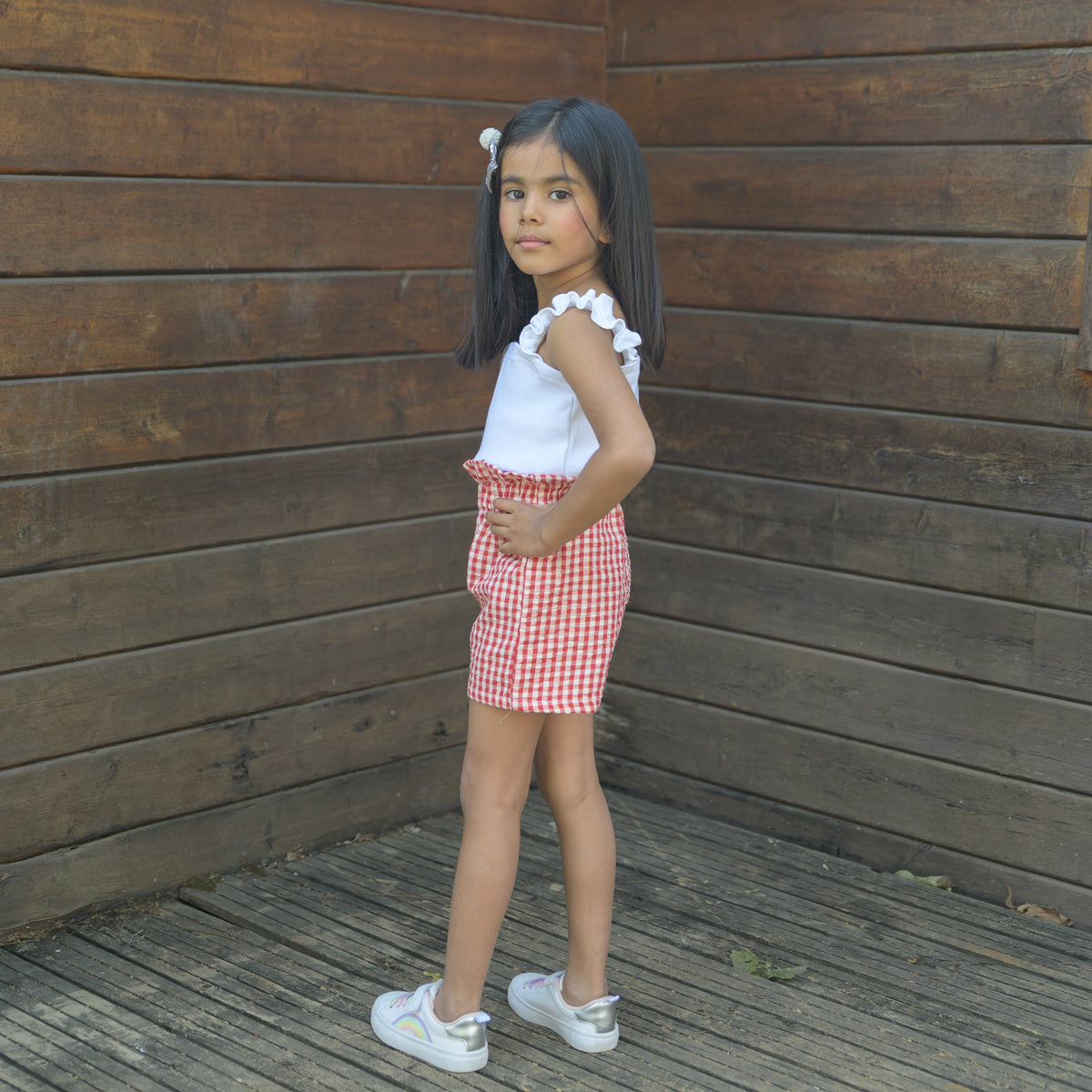 White Ruffled Rib Crop Top with Red checks Shorts