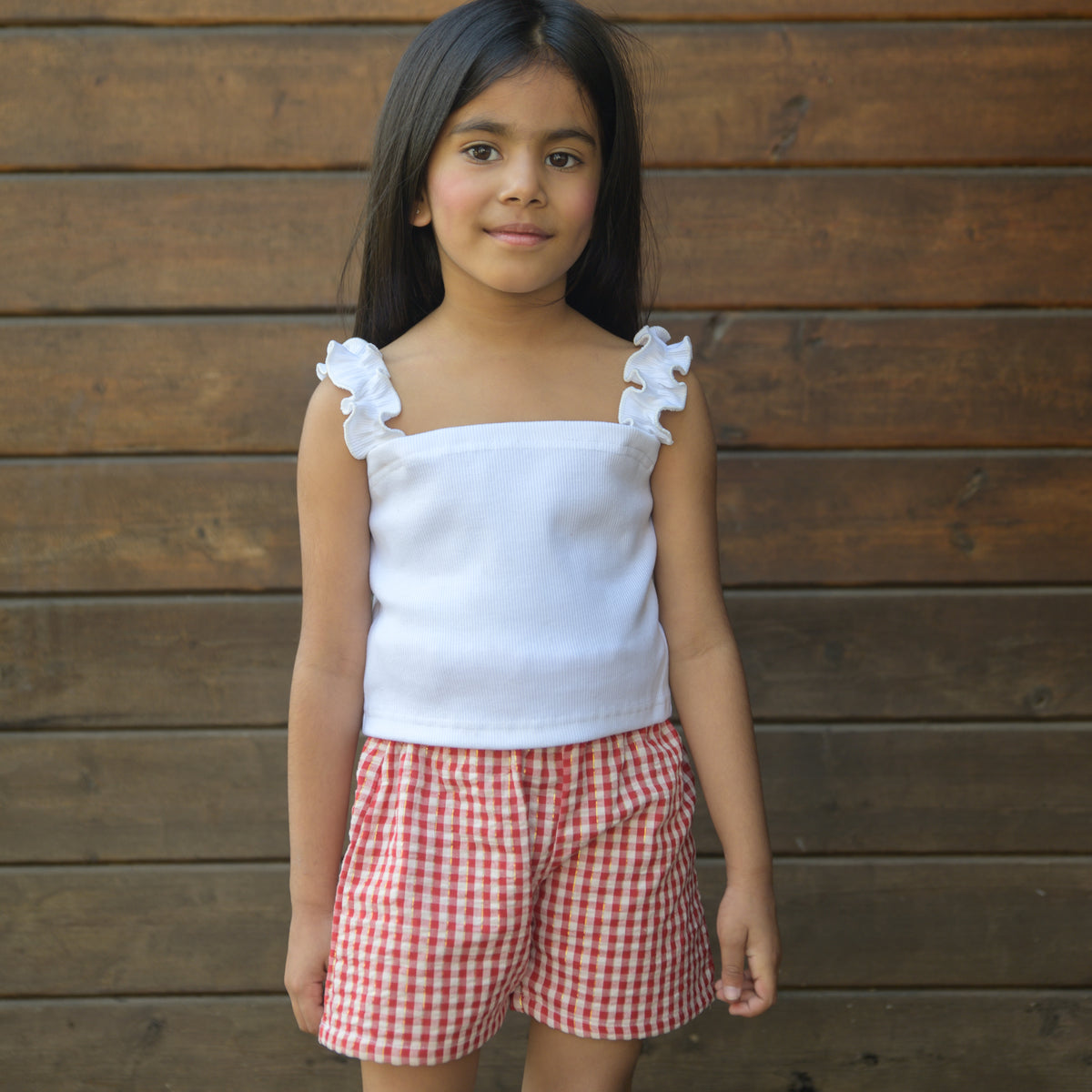 White Ruffled Rib Crop Top with Red checks Shorts